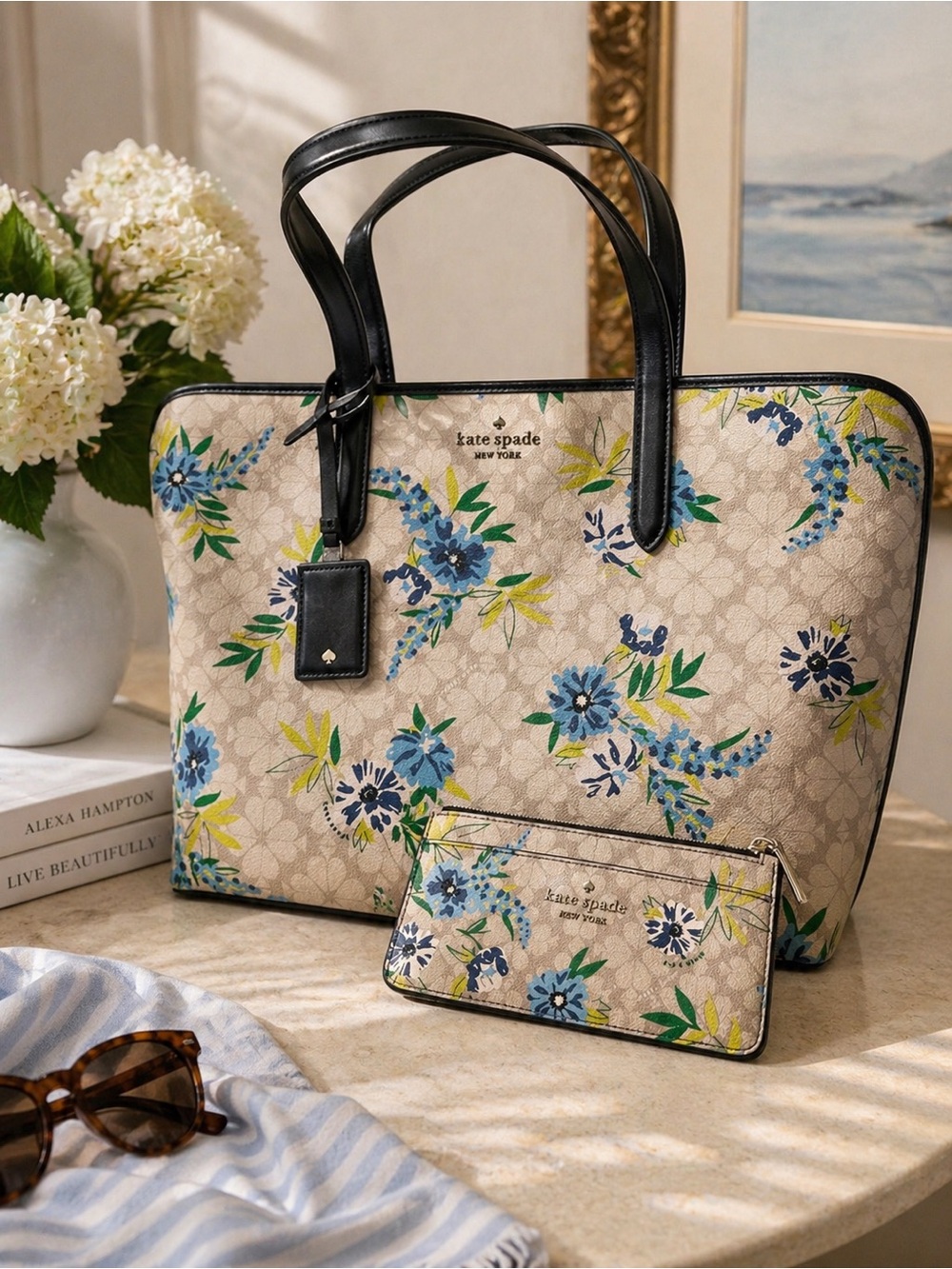 Kate Spade Large Spade Flower Tote Blazer Blue + Matching Zip Wallet NWT w/ Box